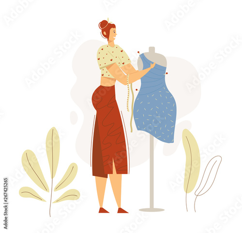 Dressmaker Character Working on Mannequin. Woman Fashion Designer at Work. Tailor Seamstress Workshop with Sewing Equipment. Vector flat cartoon illustration