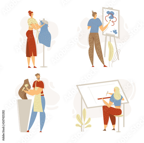 Smiling Man Sculptor Working in Studio. Woman Character with Fashion Designer. Guy Painting with Brush. Architect Engineering. Vector flat cartoon illustration