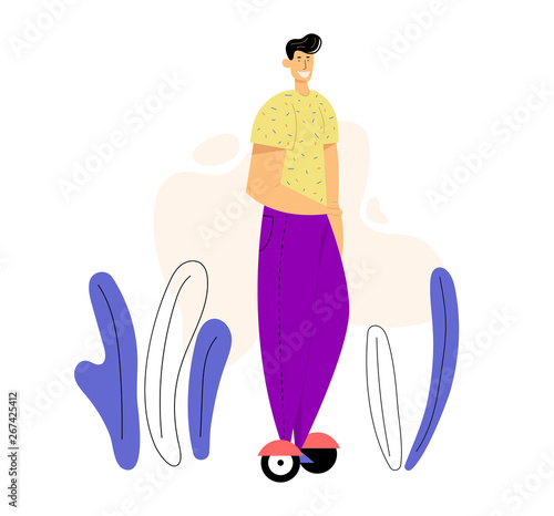 Male Character on Hoverboard. Young Man Riding Gyro Scooter. Alternative Urban Transportation Concept. Self Balancing Electric Scooter. Vector flat illustration