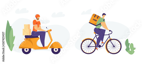 Delivery Man Riding Scooter with Package. Fast Delivery Shipping Service Concept with Male Character on Motorbike. Guy Delivering Food on Bicycle. Vector flat cartoon illustration