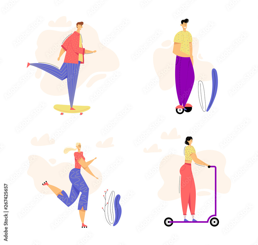 Active Characters on Modern Urban Transport Set. Young Man Riding Skateboard. Outdoor Sport Leisure Roller Skating Concept with Happy Woman. Guy on Hoverboard. Vector flat cartoon illustration Active Characters on Modern Urban Transport Set. Young Man Riding Skateboard. Outdoor Sport Leisure Roller Skating Concept with Happy Woman. Guy on Hoverboard. Vector flat cartoon illustration
