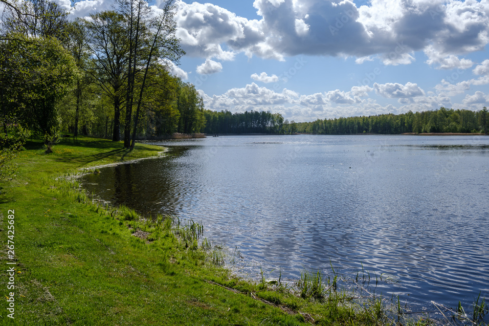 recreation camping area by the blue lake in sunny summer day