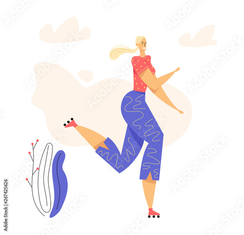 Rollerblading Female Character. Happy Young Woman on Roller Skates. Pretty Girl on Outdoor Leisure Activity. Vector flat cartoon illustration