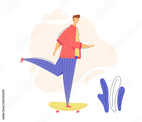 Male Character on Longboard. Young Man Riding Skateboard. Outdoor Sport Leisure Skateboarding Concept with Happy Teenager. Vector flat cartoon illustration © Hanna Syvak