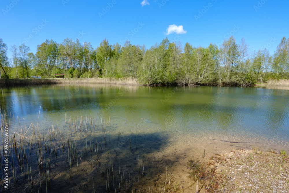 Fototapeta premium clear transparent water lake with sand bottom and large rock in the middle