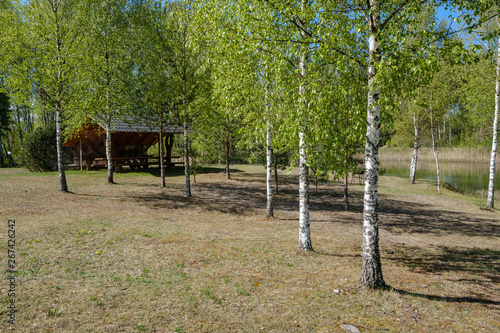 recreation camping area by the blue lake in sunny summer day