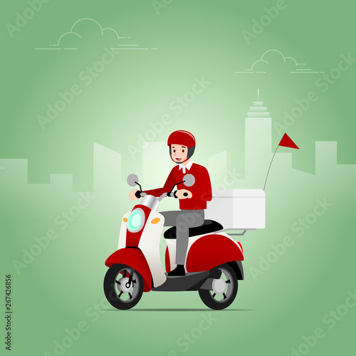 The delivery man who wear a helmet riding a scooter, motorcycle, to send the goods from the shipping company to deliver to the customers quickly and accurately.