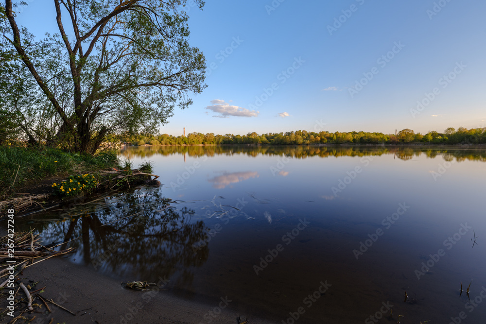 beautiful sunset by the river under tree leaves and branches. calm water beautiful sunset by the river under tree leaves and branches. calm water