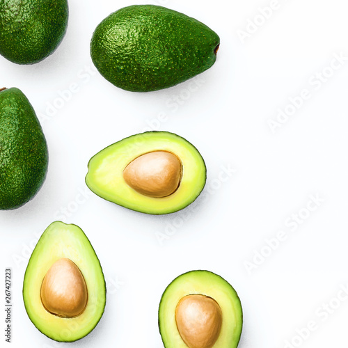 Avocado food concept on white background. From top view. Template. Flat lay