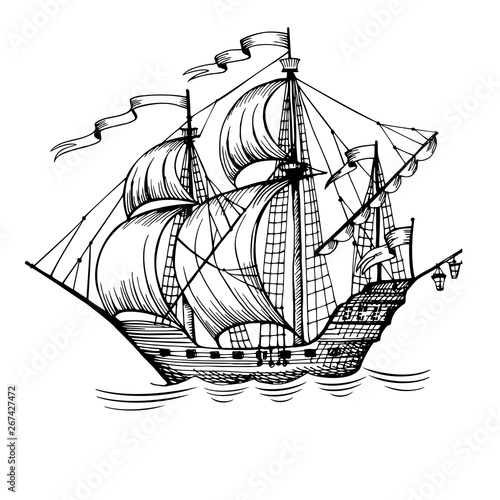 Old caravel, vintage sailboat. Hand drawn sketch. Detail of the old geographical or fanasy maps of sea.
