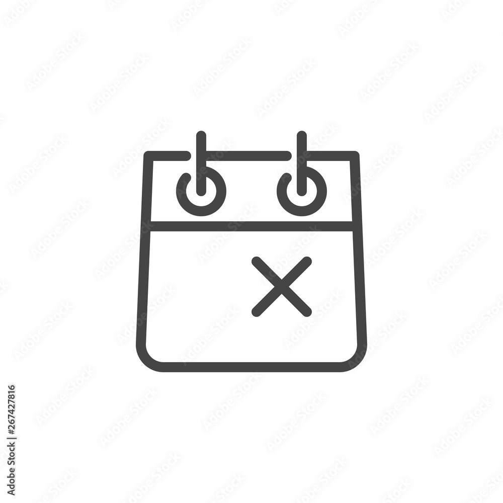 Calendar with Cross Mark Linear Icon. Completed Task, Time to Deadline Concept Contour Pictograph. Vector Simplicity Label Isolated for Web and App in Outline Style Calendar with Cross Mark Linear Icon. Completed Task, Time to Deadline Concept Contour Pictograph. Vector Simplicity Label Isolated for Web and App in Outline Style