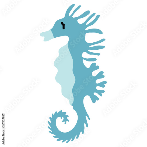 Cute blue seahorse cartoon vector illustration motif set. Hand drawn isolated ocean animals elements clipart for nautical oceanology blog, zoology graphic, undersea web buttons.