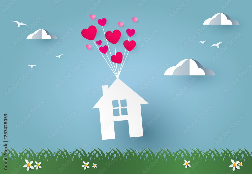 flying House with hearts. Happiness Loving House paper cut