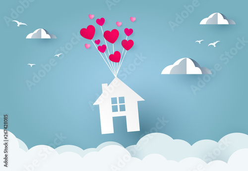 flying House with hearts. Happiness Loving House paper cut © mirsad