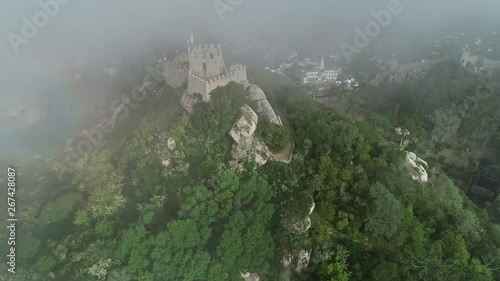 Aerial view of Castelo dos Mouros or Moorish Castle (Moors) and Sintra National Palace, Sintra, Portugal, 4k
