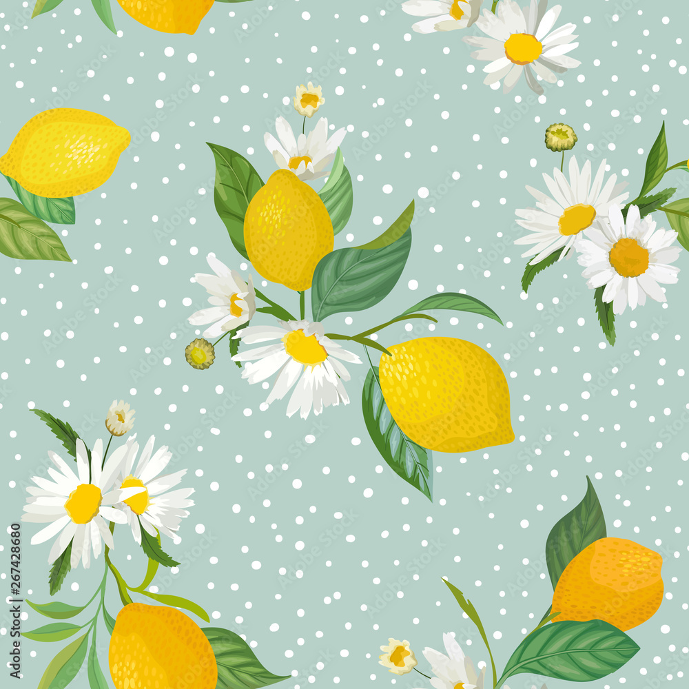 Seamless Lemon pattern with tropic fruits, leaves, daisy flowers ...