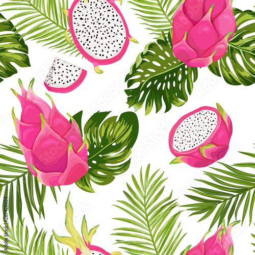 Seamless exotic watercolor dragon fruit pattern, pitaya background with palm leaves in watercolor style. Vector illustration