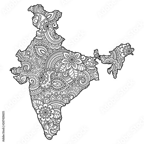 Outline map of India filled with a high-detailed floral pattern. Flower ornament in oriental mehndi style. Doodle coloring book page.