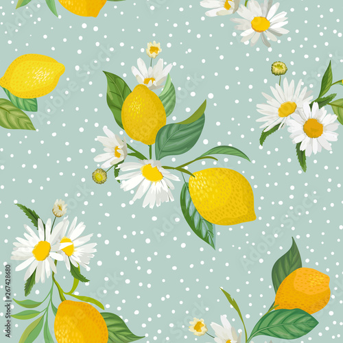 Seamless Lemon pattern with tropic fruits, leaves, daisy flowers background. Hand drawn vector illustration in watercolor style for summer romantic cover, tropical wallpaper, vintage texture