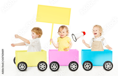 Kids Playing Train Advertising Toy. Children with Blank Ads Board and Megaphone, Isolated on White