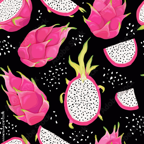 Seamless pattern with dragon fruits, pitaya background. Hand drawn vector illustration in watercolor style for summer romantic cover, tropical wallpaper, vintage texture