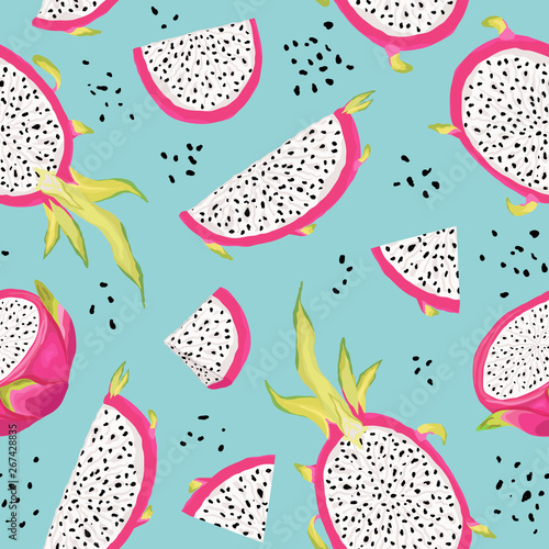 Seamless pattern with dragon fruits, pitaya background. Hand drawn vector illustration in watercolor style for summer romantic cover, tropical wallpaper, vintage texture