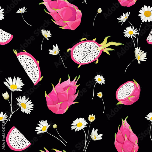 Seamless pattern with dragon fruits and daisy flower, pitaya background. Hand drawn vector illustration in watercolor style for summer romantic cover, tropical wallpaper, vintage texture