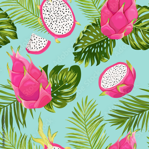Seamless exotic watercolor dragon fruit pattern, pitaya background with palm leaves in watercolor style. Vector illustration