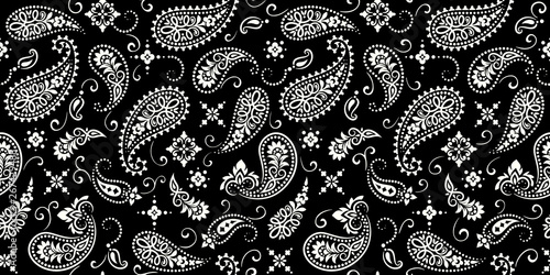 Seamless pattern based on ornament paisley Bandana Print. Vector ornament paisley Bandana Print. Silk neck scarf or kerchief square pattern design style, best motive for print on fabric or papper. photo
