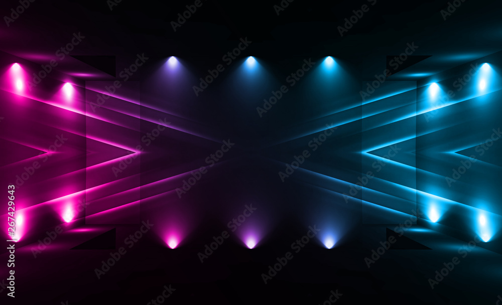 Dark abstract futuristic background. Neon lines and shapes. Neon glow and rays on a dark background Dark abstract futuristic background. Neon lines and shapes. Neon glow and rays on a dark background
