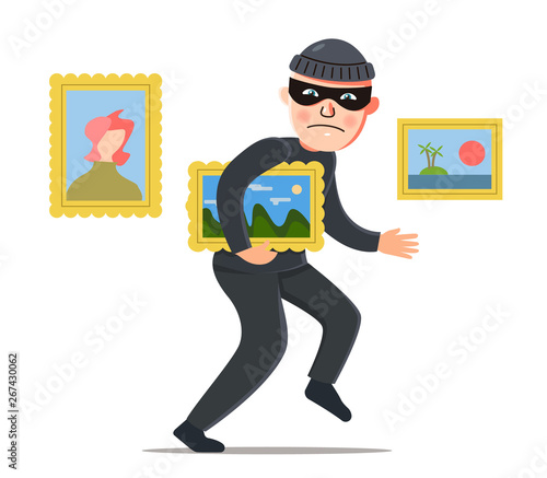 a thief steals a painting from a museum. 