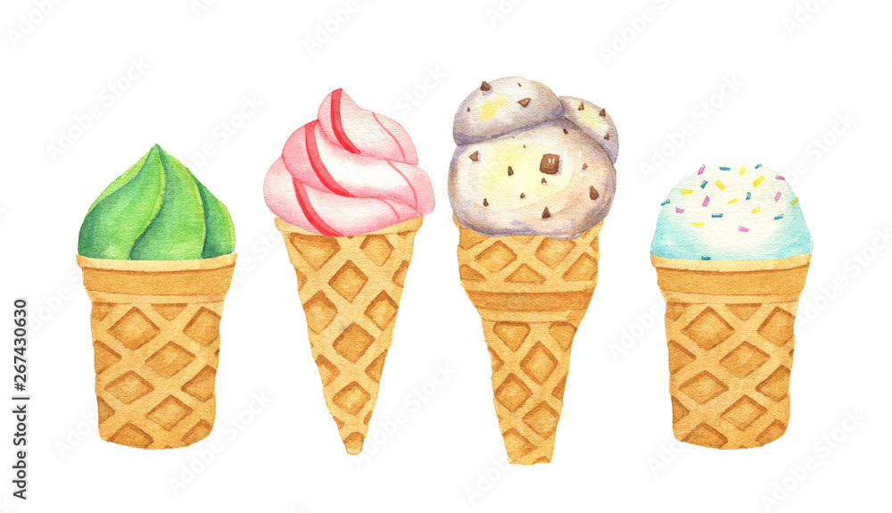 Watercolor isolated illustration of ice cream. white background