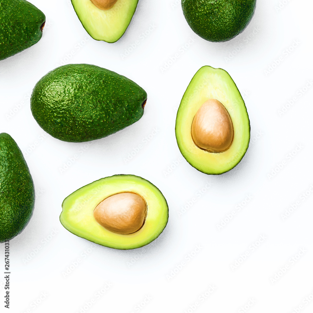 Avocado food concept on white background. From top view. Template