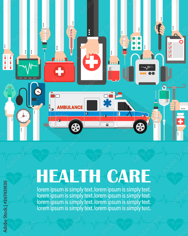 Online medical design flat with ambulance.lorem ipsum is simply text.Vector illustration