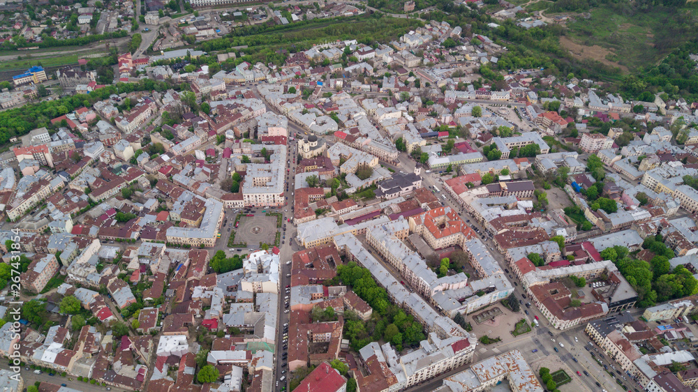 Aerial photo of chernivtsi Buildings and street of European city