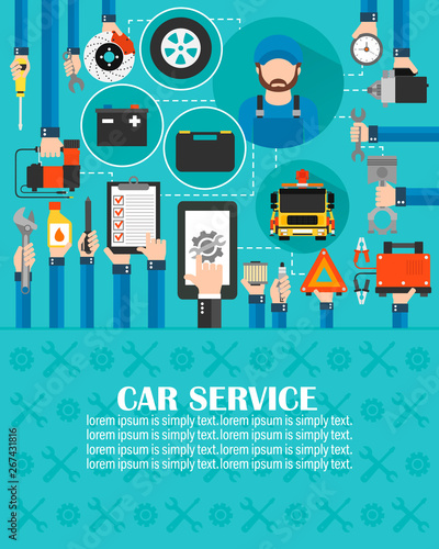 Car service online call flat design with wrecker car and mechanic.lorem ipsum is simply text [Converted]