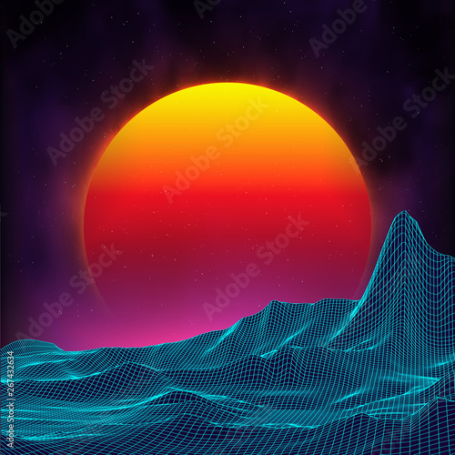Retro background futuristic landscape 1980s style. Digital retro landscape cyber surface. Retro music album cover template sun, space, mountains . 80s Retro Sci-Fi Background Summer Landscape.