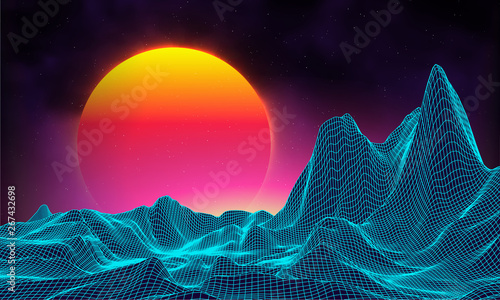 Retro background futuristic landscape 1980s style. Digital retro landscape cyber surface. Retro music album cover template sun, space, mountains . 80s Retro Sci-Fi Background Summer Landscape.