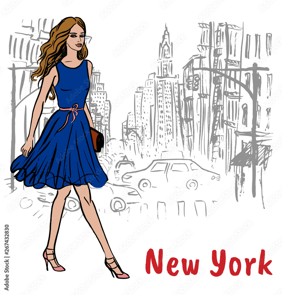 Young woman in New York, USA. Fashion illustration Young woman in New York, USA. Fashion illustration