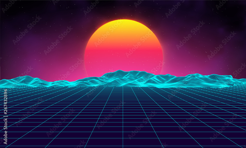 Retro background futuristic landscape 1980s style. Digital retro ...