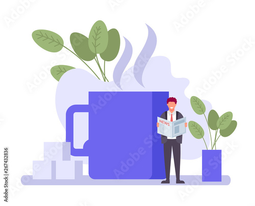 Businessman office worker character reading newspaper at morning. Fresh daily news concept. Vector flat cartoon graphic design illustration