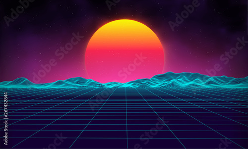 Retro background futuristic landscape 1980s style. Digital retro landscape cyber surface. Retro music album cover template sun, space, mountains . 80s Retro Sci-Fi Background Summer Landscape.