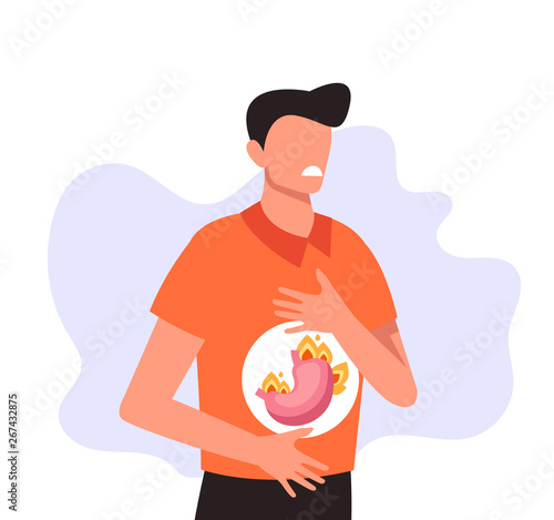 Man character holding abdomen and feel pain. Heartburn and stomach problems concept. Vector flat cartoon graphic design illustration