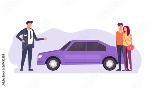 Happy smiling couple man woman character buying new car and shop store seller present car them. Car rent sell service concept. Vector flat cartoon graphic design illustration