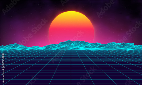 Retro background futuristic landscape 1980s style. Digital retro landscape cyber surface. Retro music album cover template sun, space, mountains . 80s Retro Sci-Fi Background Summer Landscape.