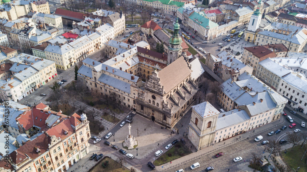 Fototapeta premium Aerial view of the historical center of Lviv, Ukraine. UNESCO's cultural heritage. Shooting with drone