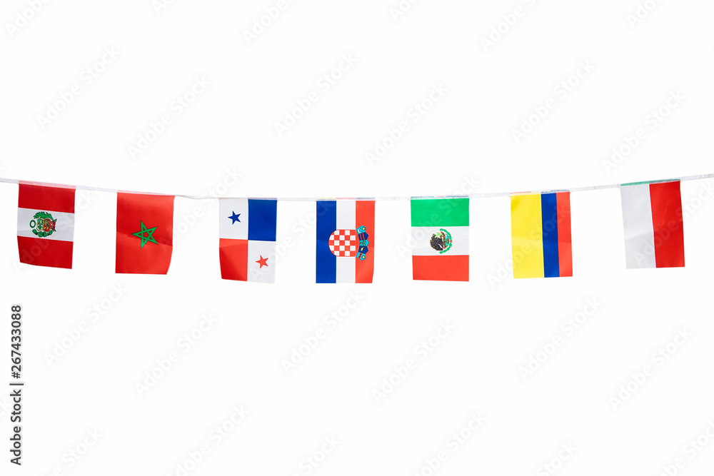 Triangle flags of various countries hanging on the rope Triangle flags of various countries hanging on the rope