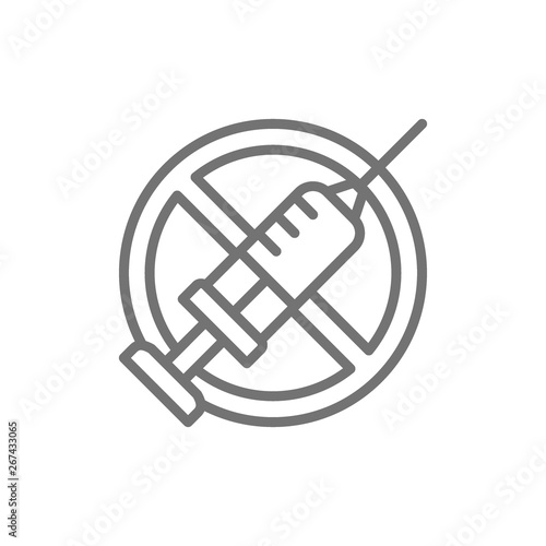 Forbidden sign with syringe, no vaccination, no injection line icon.