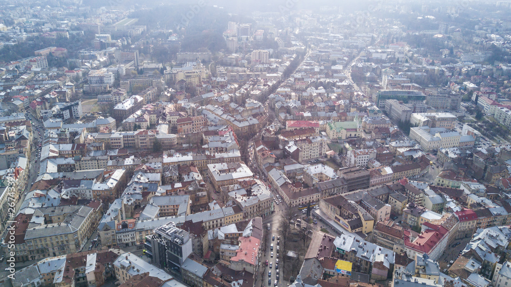 Aerial view of the historical center of Lviv, Ukraine. UNESCO's cultural heritage. Shooting with drone