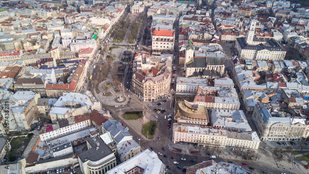 Fototapeta premium Aerial view of the historical center of Lviv, Ukraine. UNESCO's cultural heritage. Shooting with drone
